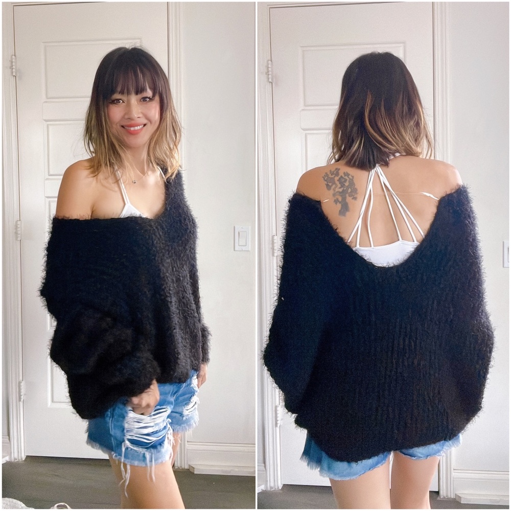 038 Cozy Black Fuzzy Off Shoulder Sweater Top - Picture 4 of 4